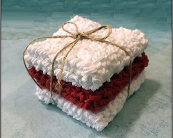 Crocheted Washcloths, Dishcloths, Shower Gift and many more uses!  Red and White ! Ready to Ship!! Set of 3