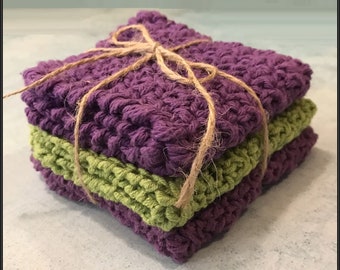 Crocheted Washcloths, Dishcloths, Shower Gift and many more uses!  Purple and Lime Green ! Ready to Ship!! Set of 3