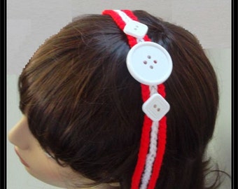 Red and White Knit Headband or Necklace with Buttons