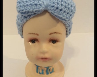 Blue Headband Earwarmer with attached bow - Ready to ship!!