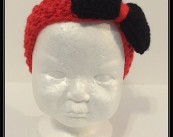 Red Headband Earwarmer with Attached Black bow - Ready to ship!!