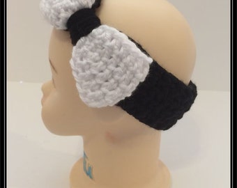 Black Headband Earwarmer with attached White bow - Ready to ship!!
