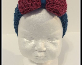 Teal Headband Earwarmer with attached Dark Rose bow - Ready to ship!!