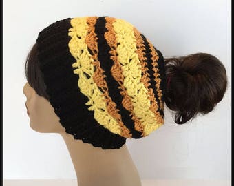Crocheted Messy Bun Hat: Teen/Adult Acrylic Ponytail Beanie
