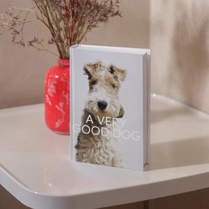 May include: A white book titled "A Very Good Dog" featuring a dog portrait, displayed on a white table. A red vase with dried flowers is next to the book. The table has a rounded edge and chrome legs.