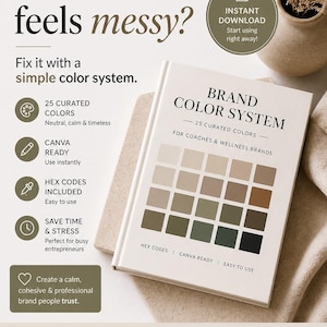 May include: A book titled "Brand Color System" with a grid of colour swatches. The cover text reads "Your brand feels messy? Fix it with a simple colour system." Additional text includes "Instant Download" and "25 Curated Colours."