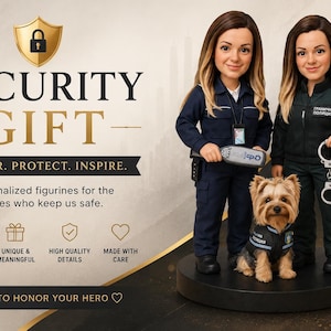 Könnte beinhalten: Werbebild mit personalisierten Figuren von Sicherheitspersonal, darunter ein Polizist und ein Grenzschutzbeamter, mit einem kleinen Hund. Der Text lautet "SICHERHEITSGESCHENK" und "EHREN. SCHÜTZEN. INSPIRIEREN."
