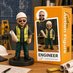 May include: A custom 3D action figure of an engineer wearing a white hard hat, sunglasses, a yellow high-visibility vest, a dark shirt, and dark pants. The figure holds a rolled blueprint and a tape measure, standing on a black base next to its yellow packaging box labeled Custom Action Figure and ENGINEER.