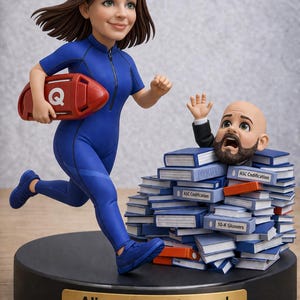 Puede incluir: Figura de una mujer con un traje de baño azul corriendo con una boya de rescate roja. La cabeza de un hombre emerge de una pila de libros. La base tiene una placa dorada que dice "Alice - The Lifeguard".