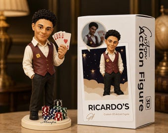 Custom Poker Player Action Figure Gift – Personalized 3D Figurine with Photo & Name – Casino Lover Keepsake – Unique Gambler Desk Decor