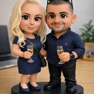 May include: A figurine of a couple, both holding champagne glasses. The woman wears a navy blue dress and heels, and the man wears a navy blue shirt and black pants. They stand on a black circular base. Sunglasses rest on the man's head.