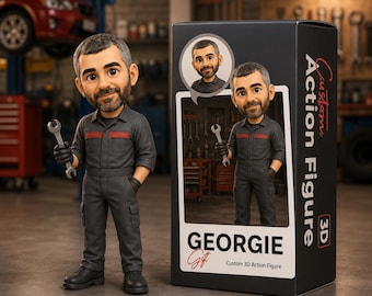 Custom Mechanic Action Figure Gift for Him – Personalized 3D Car Mechanic Figurine with Garage Theme – Unique Auto Repair Shop Decor
