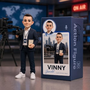 Pode incluir: Uma figura de ação 3D personalizada de um jornalista chamado Vinny, segurando uma câmera de vídeo e um bloco de notas. A figura usa um terno azul marinho, camisa branca e tênis. A caixa diz "Custom Action Figure" e "Vinny Jornalista".