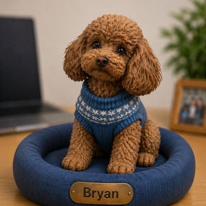 Puede incluir: Una figura de caniche de pelo rizado marrón que lleva un suéter de punto azul con un patrón de copos de nieve blancos. El perro está sentado en una cama redonda de tela azul con una placa de metal dorada grabada con el nombre Bryan.