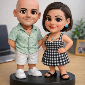 May include: A figurine set of a couple standing on a black base. The man wears a green shirt, white shorts, and sneakers. The woman wears a black and white checkered dress and black sandals. Both figures have large eyes and are smiling.