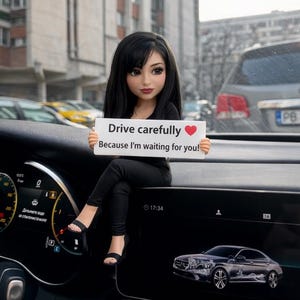 May include: A figurine of a woman with black hair and black clothing holding a sign that reads "Drive carefully Because I'm waiting for you!" The figurine is sitting on a car dashboard. A car is visible in the background.