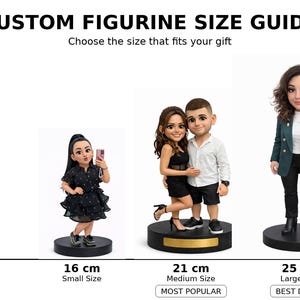May include: Size guide for custom figurines. The guide shows three figurine sizes: 16 cm, 21 cm, and 25 cm. The 16 cm figurine is labeled "Small Size", the 21 cm figurine is labeled "Medium Size", and the 25 cm figurine is labeled "Large Size".