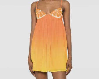 Ombre Sequin Citrus Mini Dress: V-Neck, Flared Hem, Spaghetti Straps