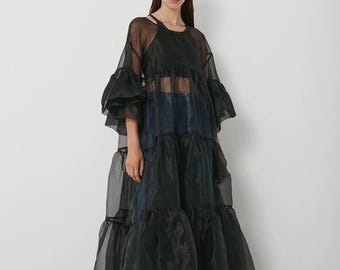 Sheer Black Organza Tiered Maxi Dress | Oversized Layering Smock