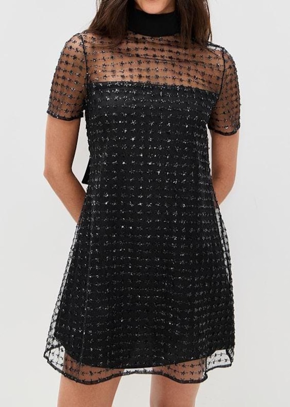 black mini dress with sheer overlay Sequin Star Mesh KissProm Mermaid Strapless Asymmetrical centre front approx Size:14.5 32-33 block printed