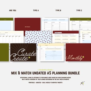 Puede incluir: Una colección de insertos de planificador A5 imprimibles con varios diseños y diseños. La imagen presenta el texto "Curate Create" y "Monthly". El texto "Mix & Match Undated A5 Planning Bundle" también es visible.