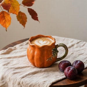 Handcrafted Orange Pumpkin Ceramic Mug with Green Vine Handle, Scalloped Rim Fall Coffee Cup for Pumpkin Spice Latte, Autumn Gift for Her.