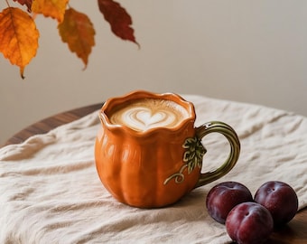 Handcrafted Orange Pumpkin Ceramic Mug with Green Vine Handle, Scalloped Rim Fall Coffee Cup for Pumpkin Spice Latte, Autumn Gift for Her.