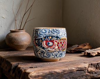 Handmade Ceramic Tea Cup with Koi Fish, Blue and White Dragon Fish Teacup, Japanese Yunomi Cup, Wood Ash Glaze, Tea Lover Gift.