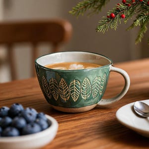 May include: A wide, ceramic mug with a deep green glaze and a repeating pattern of etched, gold-colored leaves around the exterior. The mug features a speckled, light-colored handle and base, and it is filled with coffee topped with latte art.