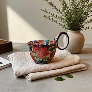 Könnte beinhalten: Eine Keramik-Löffelablage mit gewelltem Rand und seitlichem Griff, verziert mit einem lebendigen Blumenmuster in Rot, Blau und Grün auf cremefarbenem Grund. Das Stück hat eine glänzende Oberfläche und eine tiefe Schalenform für Küchenutensilien.