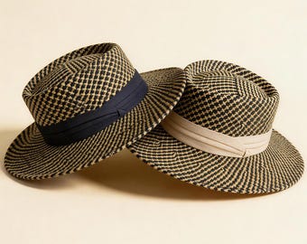 Handwoven Straw Boater Hat, Audrey Style Sun Hat, French Vintage Beach Hat, Summer Vacation Fedora, Two Tone Raffia Hat