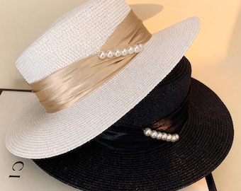 Handgemaakte parelstrohoed in Audrey Hepburn-stijl, Franse elegante zonnehoed met brede rand, strandvakantiehoed, strohoed, dameshoed UV-bescherming