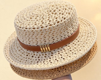 Handmade Crochet Straw Boater Hat, French Vintage Summer Sun Hat, Breathable Openwork Beach Hat, Flat Top UV Protection Wide Brim Hat