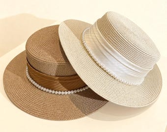 Handmade Elegant Pearl Satin Straw Boater Hat for Women,Flat Top Sun Hat,UV Protection Summer Beach Hat, French Style Straw Hat Gift for Her