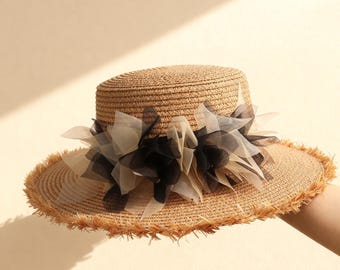 Handmade Straw Boater Hat with Floral Trim, Flat Top Sun Hat, Wide Brim Beach Hat, Summer UV Protection, Vintage Chic Women’s Hat