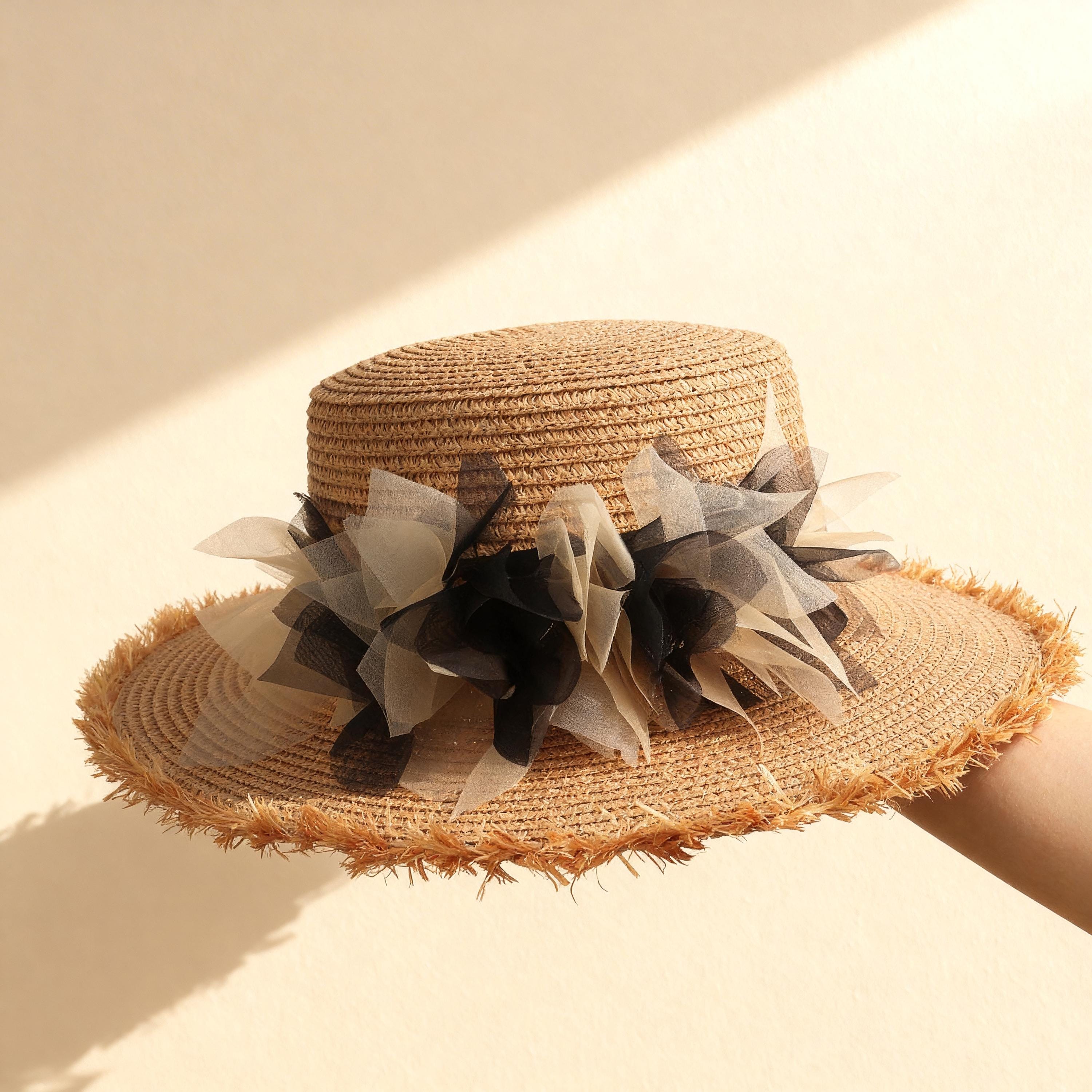 Downton Abbey Wide Brim Woven Straw Sun Hat with Ombre Pink and Gold Coloring Peak and Brim - Downton Abbey Style Hat main image 4