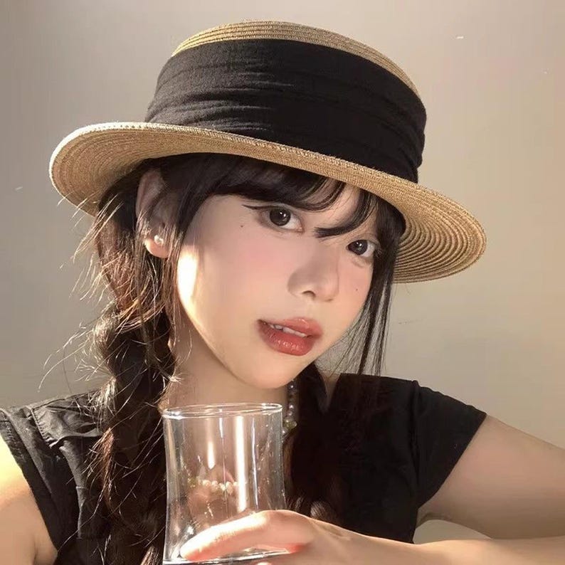Handmade Audrey Hepburn Style Straw Boater Hat for Women, Flat Top Woven Sun Hat, French Vintage Summer Beach Hat, Elegant Wide Brim Cap image 4