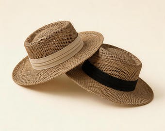 Sombrero de paja de rafia tejido a mano para mujer, estilo Audrey, estilo canotier francés, sombrero de sol de ala plana, gorra fedora de verano para vacaciones en la playa.