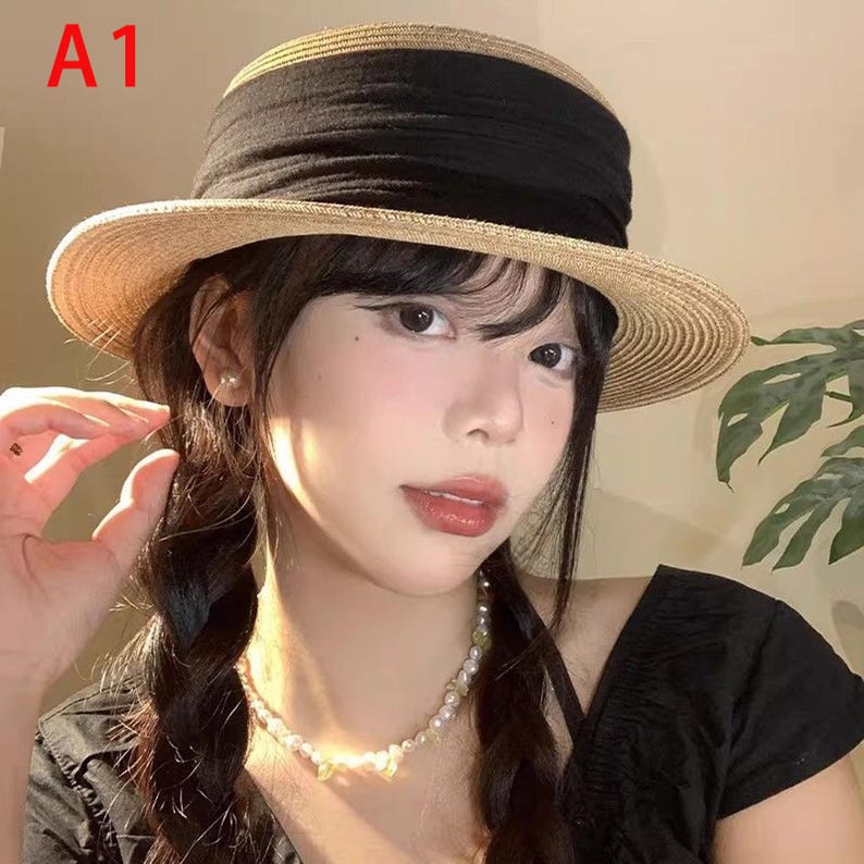 Handmade Audrey Hepburn Style Straw Boater Hat for Women, Flat Top Woven Sun Hat, French Vintage Summer Beach Hat, Elegant Wide Brim Cap A1