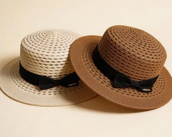 Handwoven Bow Ribbon Straw Hat, Audrey Style Summer Sun Hat, Elegant Beach Vacation Hat, Wide Brim UV Protection Boater Hat