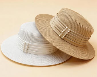 Sombrero de paja hecho a mano con perlas para mujer, estilo Audrey, sombrero de playa francés, elegante sombrero canotier, sombrero de ala ancha para protección solar de verano.