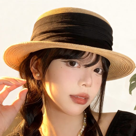 Handmade Audrey Hepburn Style Straw Boater Hat for Women, Flat Top Woven Sun Hat, French Vintage Summer Beach Hat, Elegant Wide Brim Cap