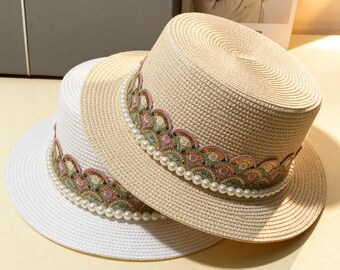 Handmade Straw Hat Pearl Embroidery Lace, Audrey Style Boater Hat Women, Summer Beach Sun Hat Elegant Wide Brim Vintage Fedora Cap