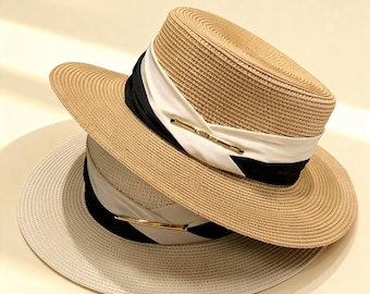Cappello da barcaiolo in paglia intrecciata a mano per donna, cappello da sole stile Audrey, fascinator britannico, cappello da spiaggia estivo a tesa larga, protezione UV