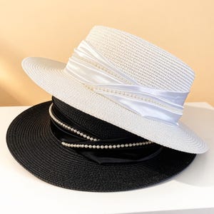 Straw Boater Hat with White Scarf Trim white-boater-shell-hat-  main image 3