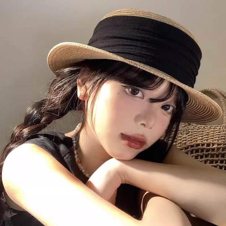 Handmade Audrey Hepburn Style Straw Boater Hat for Women, Flat Top Woven Sun Hat, French Vintage Summer Beach Hat, Elegant Wide Brim Cap image 2