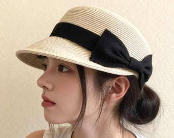 Handgemaakte strohoed met strik voor dames, zomerzonnehoed, strohoed in Franse stijl, hoed met verstelbare brede rand, strandvakantiehoed, elegante dameshoed