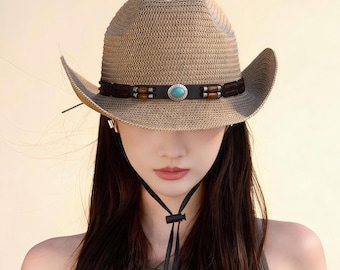 Sombrero de paja vaquero tejido a mano, sombrero de sol estilo western bohemio, sombrero de playa unisex, sombrero vaquero de paja de verano, sombrero de rancho con protección UV