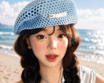 Handmade Crochet Beret Hat for Women, Summer Mesh Beret, French Style Knit Beanie, Lightweight Breathable Cap, Boho Artist Hat