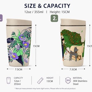 May include: Two beige stainless steel tumblers with lids, each 15 cm tall and 7.5 cm wide with a 12 oz capacity. One tumbler features a purple and green floral print, while the other displays a graphic of a person walking three dogs in a park.